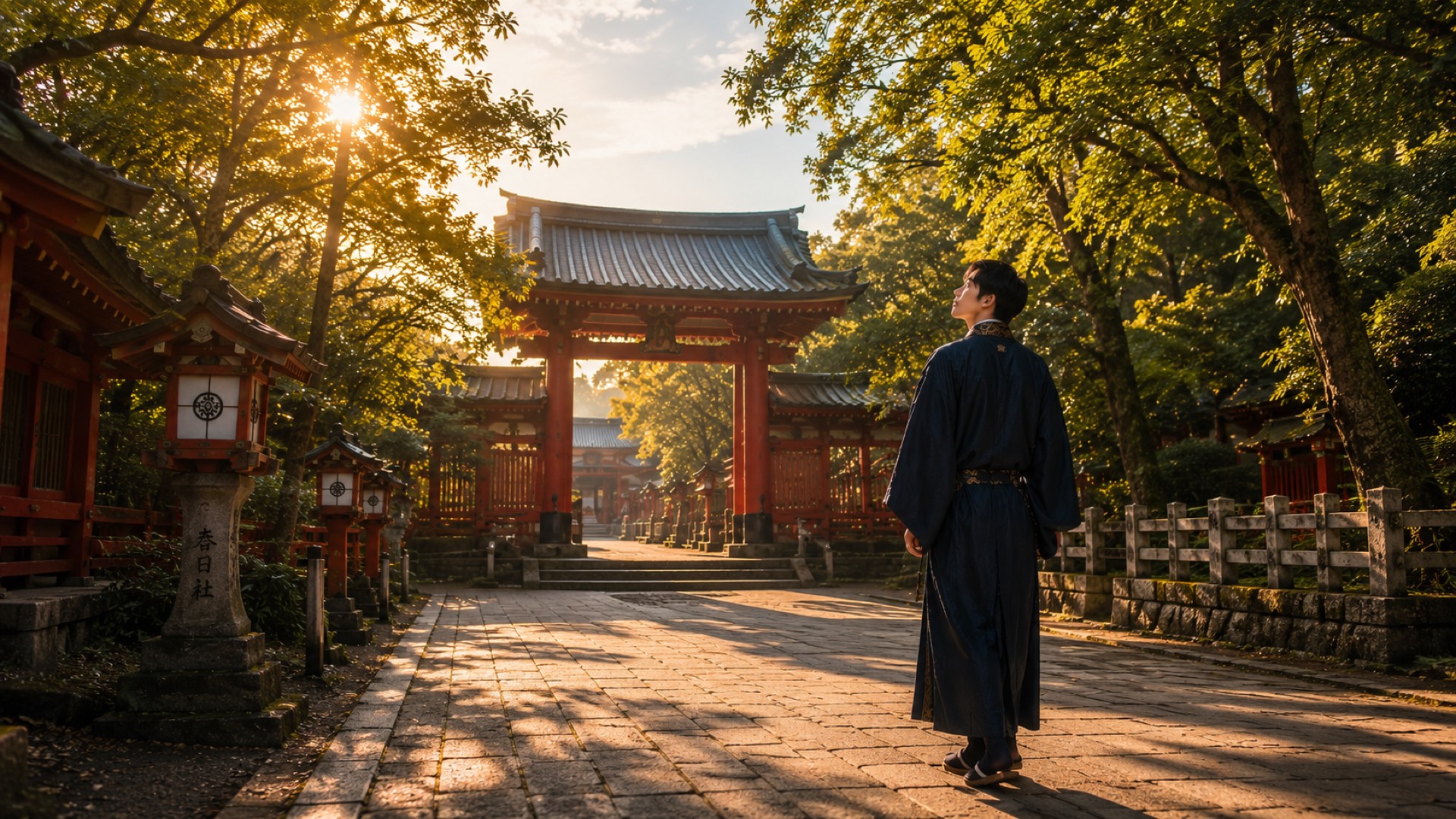 夕陽が差す神社の境内に立つ夕陽蓮