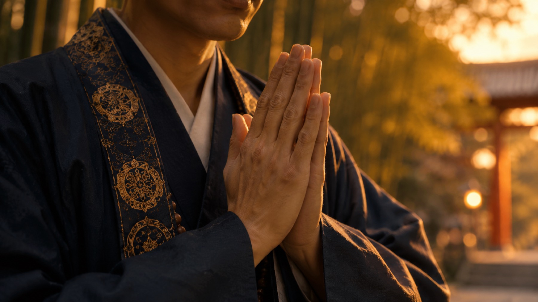 夕陽の中で静かに手を合わせる夕陽蓮