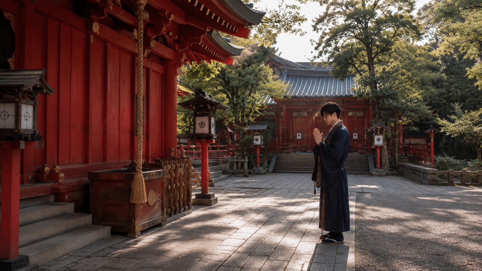 神社の境内で神前に向かい祈る夕陽蓮